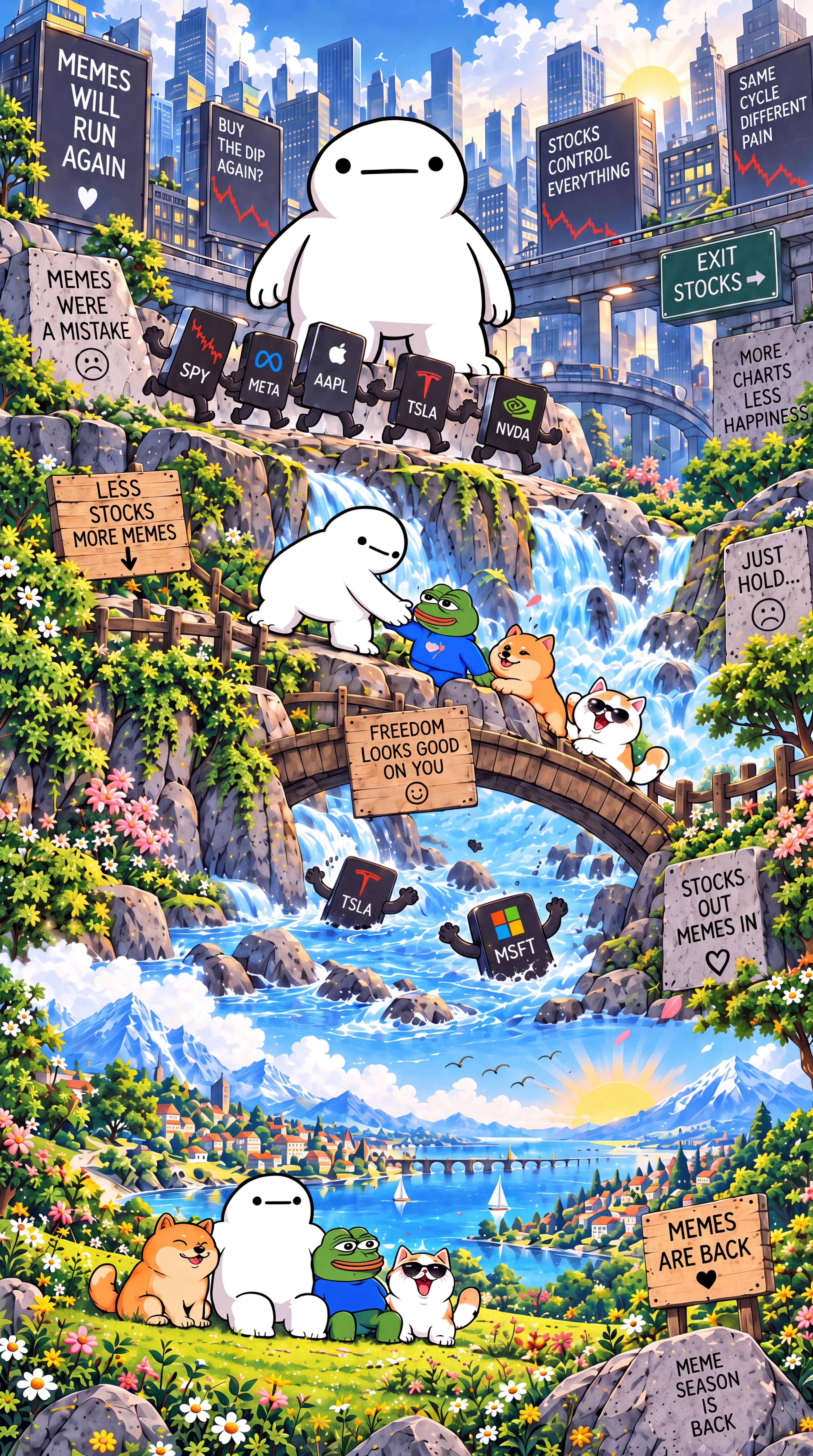 A white mascot leaves the city, rescues his meme friends at a waterfall and joins them beside a sunny lake.